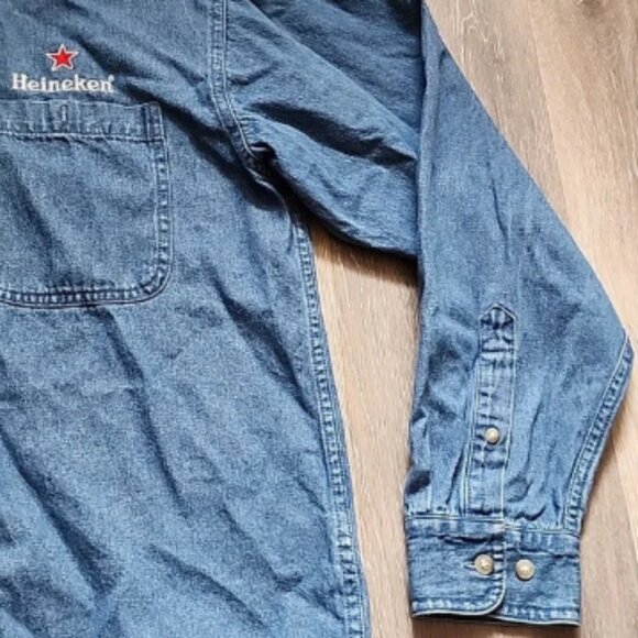 Rare VINTAGE Heineken Embroidered Denim Long Sleeve Cotton Button-Up Shirt Sz M - Picture 5 of 12